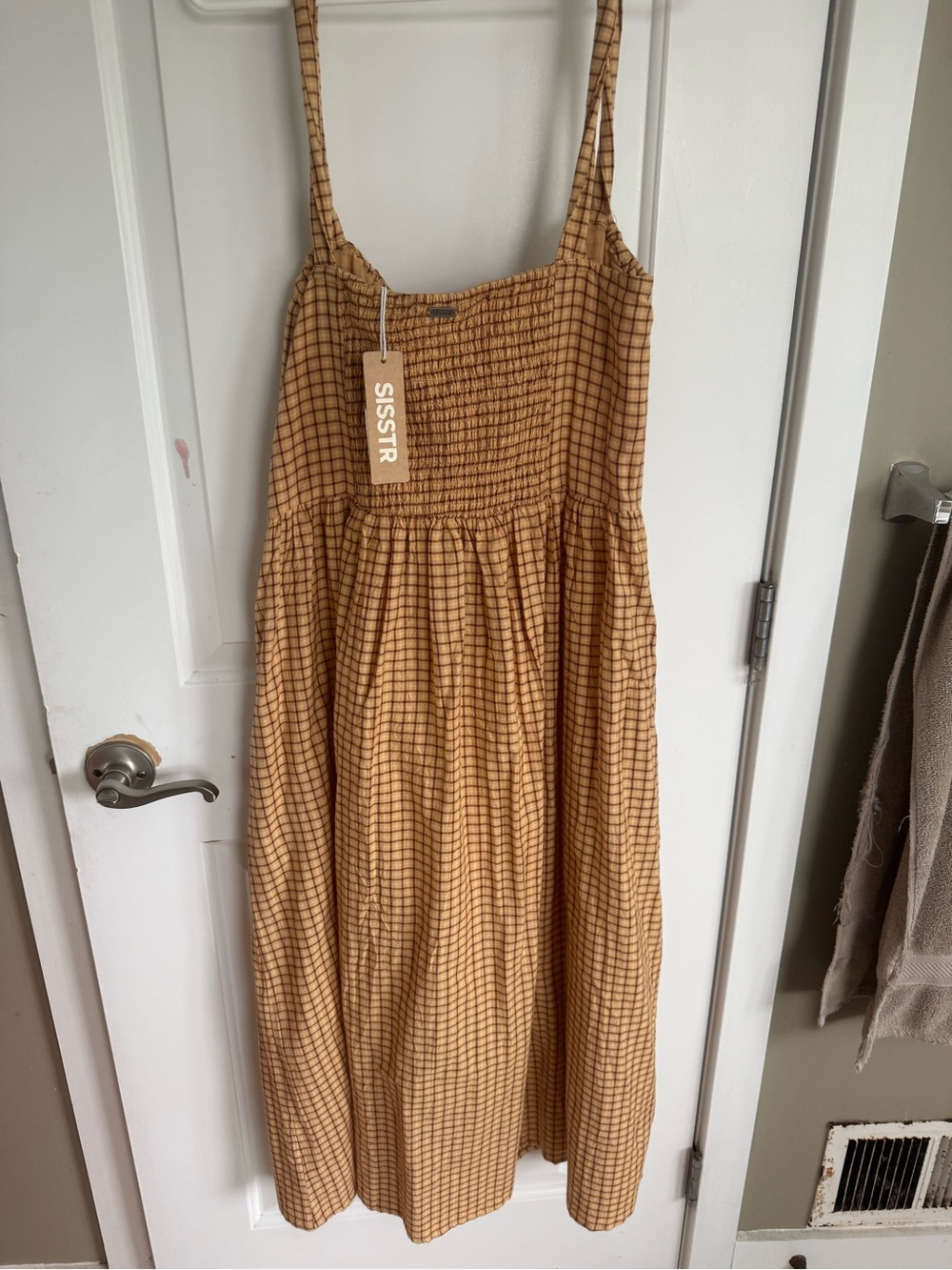 Checked Maxi Sundress with Thin Straps - Mustard Check - Picture 4 of 5